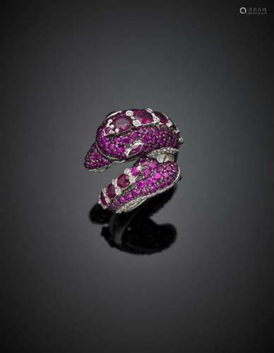 Ruby and diamond white gold dolphin ring, g 10.20 size