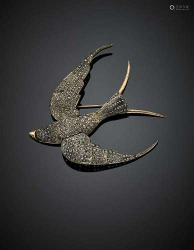 Rose cut diamond, silver and 14K gold swallow brooch, g