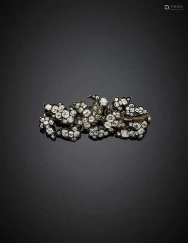 Old mine diamond silver and 9K gold ivy shoot brooch, g