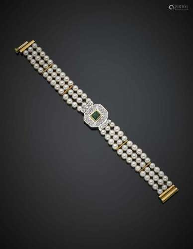Three strand cultured pearl with white gold diamond and
