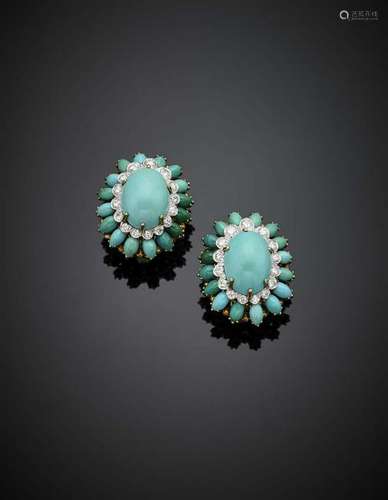 DAVID WEBB Turquoise and diamond yellow gold earclips,