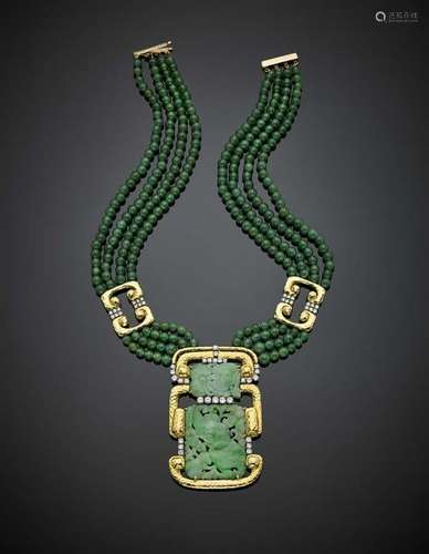 DAVID WEBB Four strand nephrite bead necklace, the