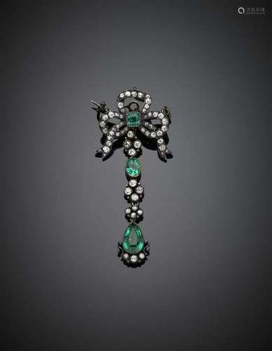 Three emerald and diamond silver detachable bow brooch