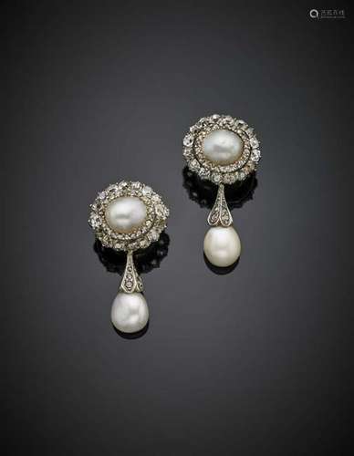 Silver and gold, diamond and oval button pearl earclips