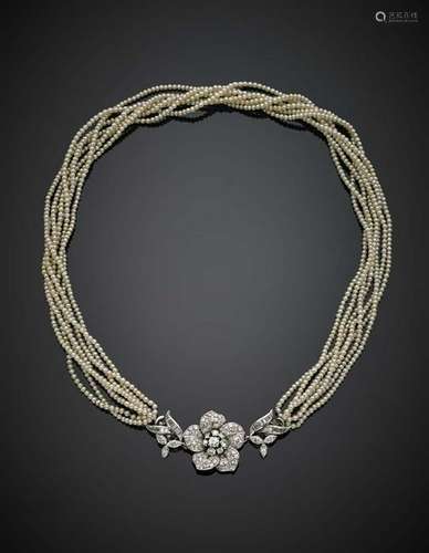 Seven strand seedpearl torchon necklace with platinum