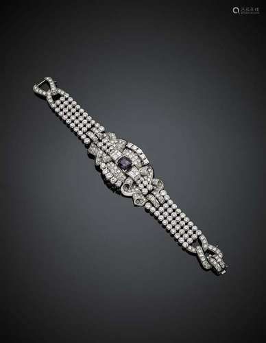 Round and calibré diamond platinum bracelet of scroll