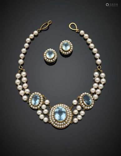 Light blue topaz and pearl yellow gold jewelry set