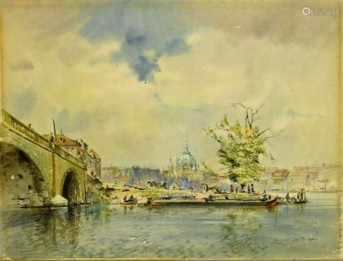 Wolfgang Tritt Canal Scene Watercolor Painting