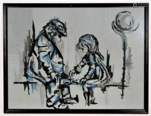 Modernist Checker Playing Man and Girl Painting