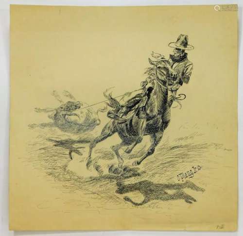 Otto Plaug Jr Western Cowboy Wrangler Ink Drawing