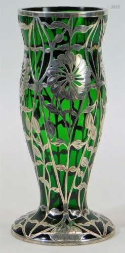 Victorian Silver Overlay Green Art Glass Vase