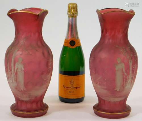 PR Victorian Enameled Cranberry Satin Glass Vases