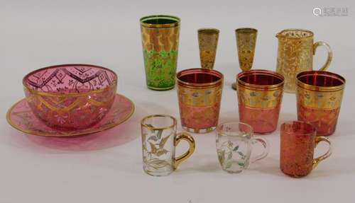 12PC Moser Enameled Cranberry & Green Art Glass