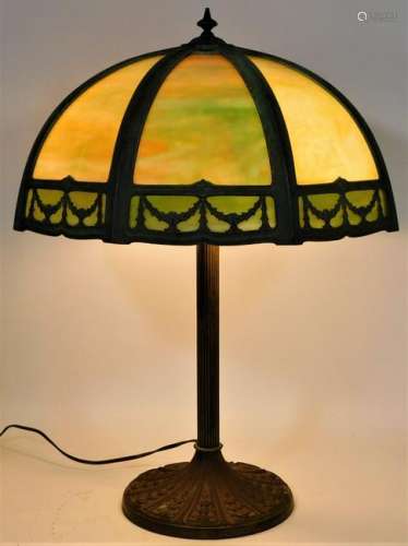 American Spelter Green and Orange Slag Glass Lamp