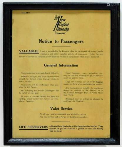 New England Steamship Co. Passenger Notice Poster