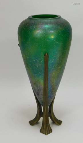 Iridescent Green Bohemian Art Glass Vase in Holder
