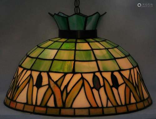 20C Leaded Slag Glass Green Cattail Chandelier