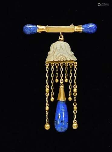 Chinese Qing Dynasty Gold Lapis and Stone Brooch