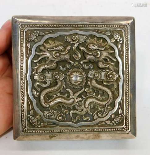 Antiques Signed Chinese Silver Dragon Trinket Box