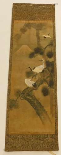 Japanese Painted Cranes Hanging Wall Scroll