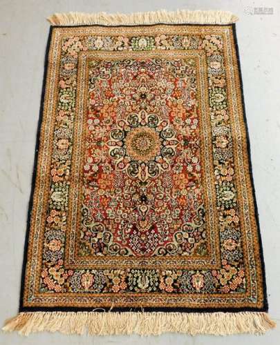 Silk Red and Blue Flower Medallion Prayer Rug