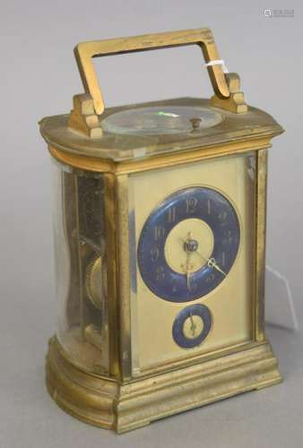 French brass and glass carriage clock having blue