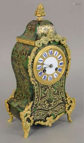 Louis XIV style green Boulle brass inlaid mantle clock