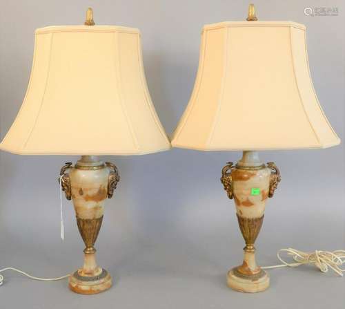 Pair of Alabaster urns mounted with bronze rams heads