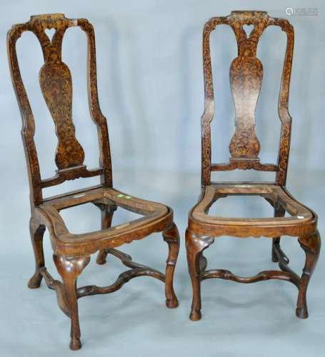 Pair of marquetry inlaid side chairs (no upholstery on