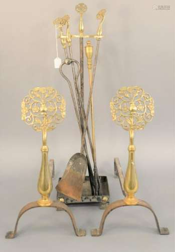 Brass and iron andirons and tools, art nouveau flower