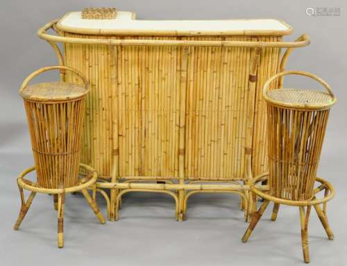 Three piece bamboo set, bar and two bar stools,
