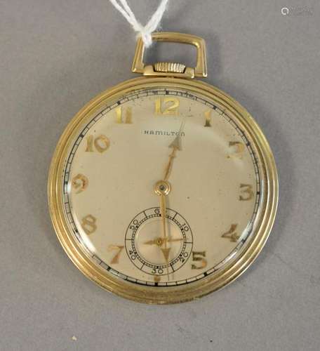 14K Hamilton open face pocket watch, monogrammed, 43mm.