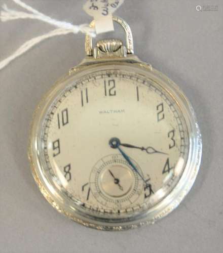 14K white gold Waltham Royal open face pocket watch,