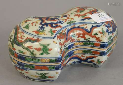 Chinese covered box with Wucia. ht. 3 1/2 in., lg. 8