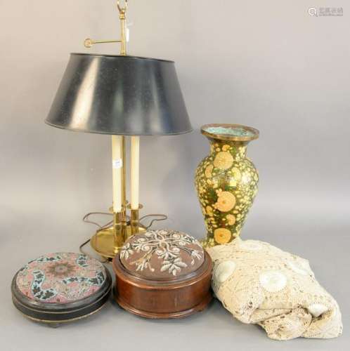 Brass and tole bouillotte style lamp, ht. 32 in.;