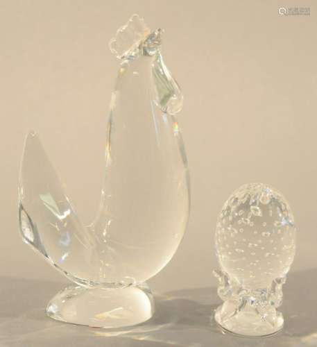 Steuben Hen with ornamental egg crystal sculpture, both