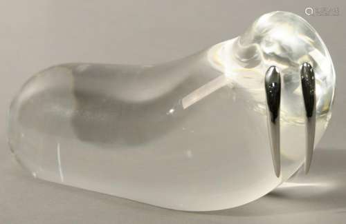 Large Steuben walrus, crystal figure with sterling