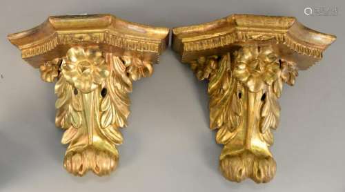 Pair of carved gilt wall brackets. ht. 12 in., wd. 14