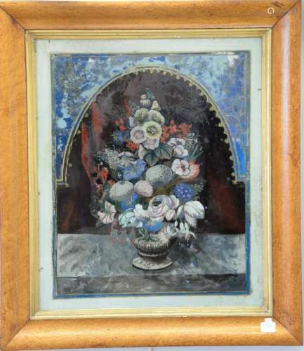 Reverse painting on glass of a urn with flowers in a
