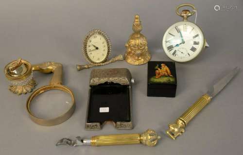 Tray lot with heavy gilt bell, equestrian magnifying