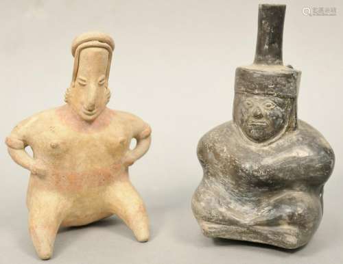 Two figural pots, pre columbian terracotta figure