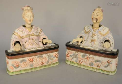 Pair of bisque nodders, hand painted and marked 