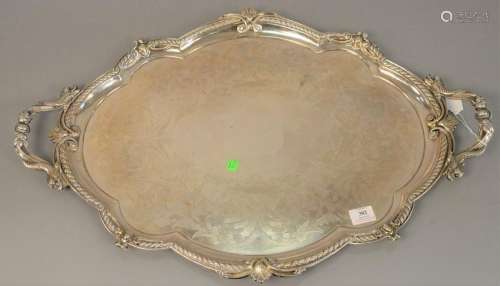 Large silver plated tray having dolphin handles, marked