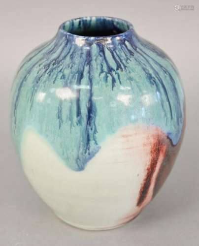 Chilmark pottery vase, red, white and blue glaze. ht. 8