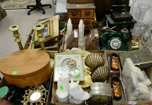 Six tray lots of assorted brass, marble wood items,