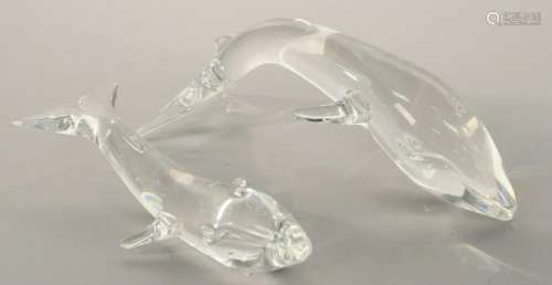 Pair of Steuben blue whales crystal sculpture of mother