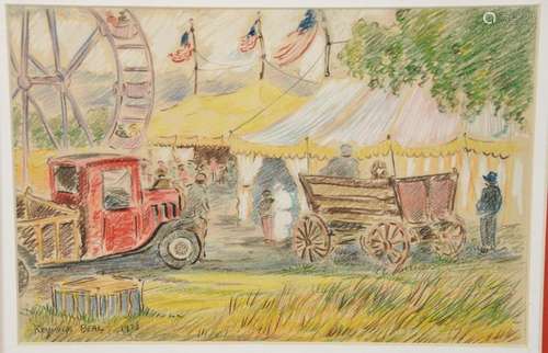 Reynolds Beal (1866-1951), crayon on paper, Circus with