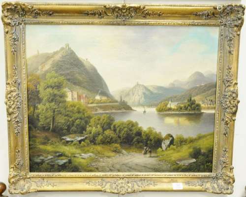 Mountainous Town on water's edge, oil on canvas, signed