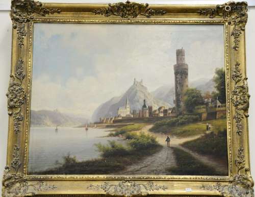 Church on Waters edge, oil on canvas, signed illegibly