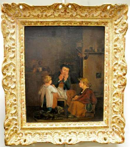 Oil on board interior scene with three figures and a